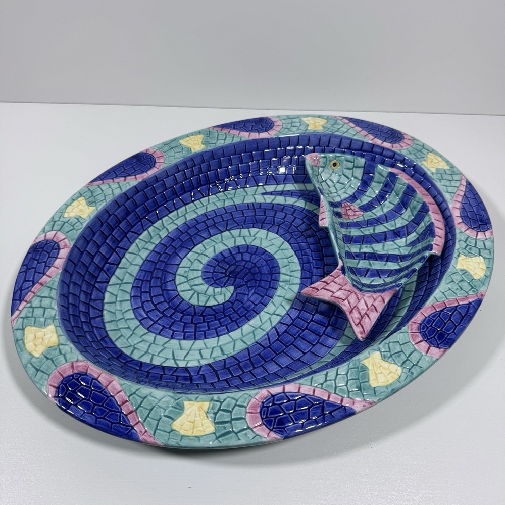 Vintage CLAY ART Kitschy MOSAIC Tile FISH PLATTER AND DIP SET BRIGHT COLORS 1995